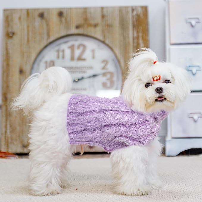 Turtleneck Small Dog Sweaters - Classic Cable Knitwear Winter Coat for Small Medium Dogs Male Female Puppy Dog Cold Weather Clothes Girls Boys, Purple, XS