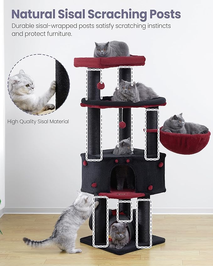 Cat Tree Tower for Indoor Cats Large Adult - Heavy Duty Extra Wide Maine Coon Condo House with Hammock Scratching Post Tunnel - 60 Inch XL Feline Bed Condos Trees - Big Multi Level Cat Houses Stand
