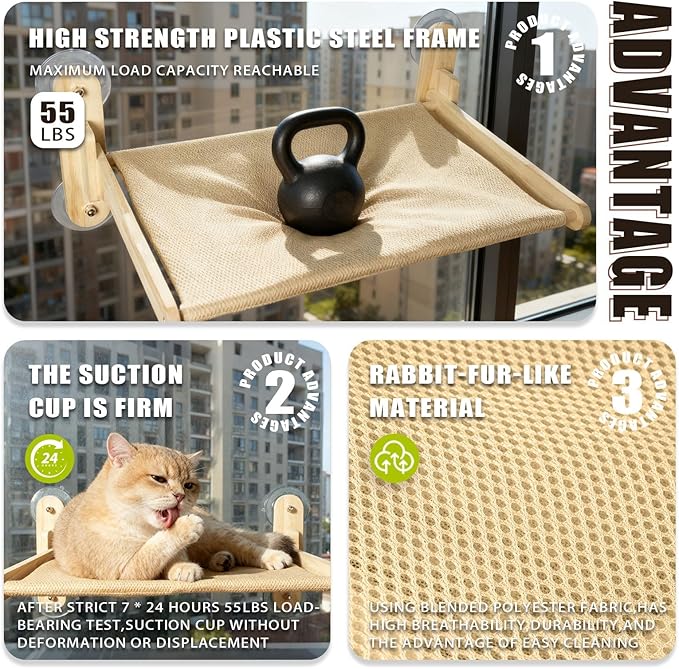 Cat Window Perch with Strong Suction Cups, Foldable Bed with Breathable Mesh, All-Season Lounger for Medium Small Cats to Bird Watch & Sunbathe