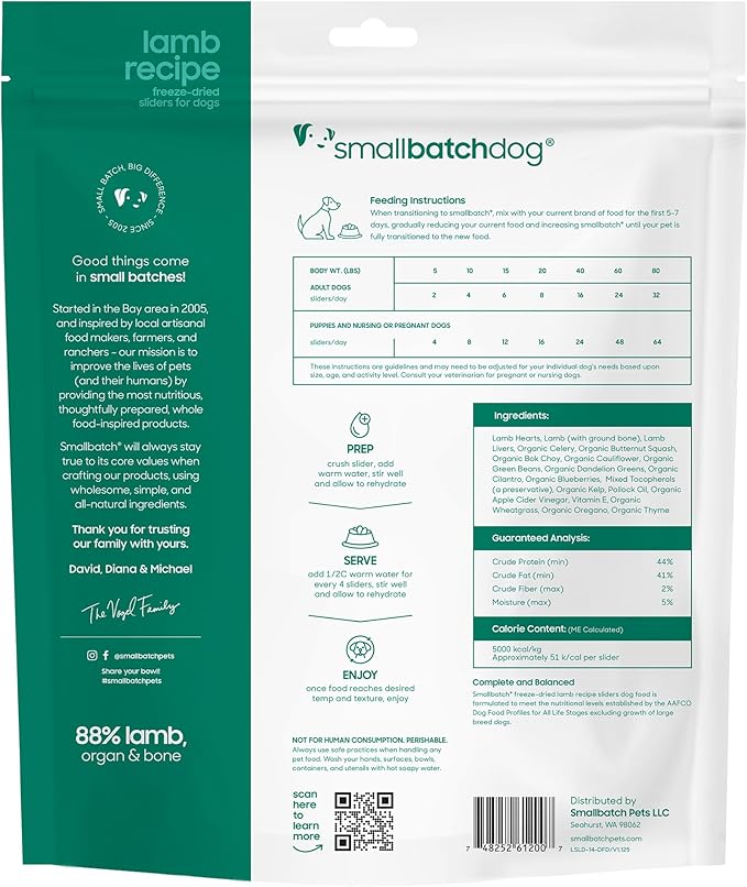 smallbatch Pets Freeze Dried Raw Dog Food, Lamb Recipe, 14 oz, Organic High Protein Dog Food, Grain Free, Made in The USA, Humanely Raised Meat, Single Protein, for Picky Eaters, Hydrate & Serve