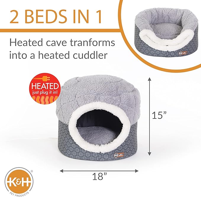 K&H Pet Products Heated Cat Bed for Large Cats Indoor, Thermo-Pet Nest 2-in-1 Heated Pet Cave Tent & Cuddler Warming Bed, Waterproof Heater, Machine Washable, Safety Listed - Small 18 X 15in Gray