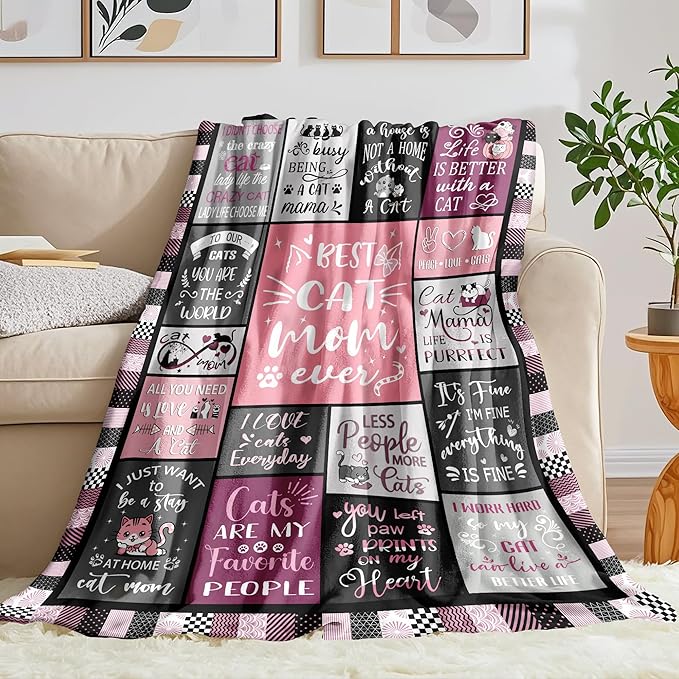 Cat Mom Blanket Gifts for Cat Lover Soft Flannel Throw Blanket Cats Gifts for Women Cats Themed for Decer Couch Bedding 50"x40"