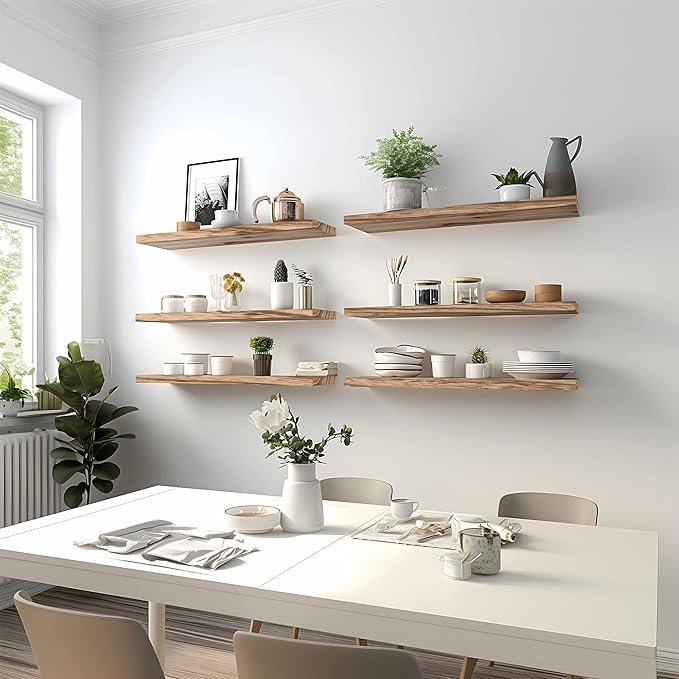 24 Inch Light Wood Floating Shelves for Wall Rustic Wall Shelf for Bedroom Living Room Set of 4