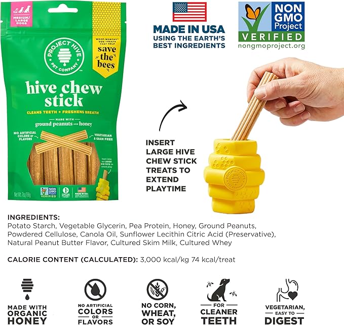 Hive Treats for Dogs 2 Pack Ñ Healthy, Non-GMO Project Verified, Natural Peanut Butter Flavored, Natural, Vegetarian Chews, Made in The USA (Chew Sticks, Large Breeds)