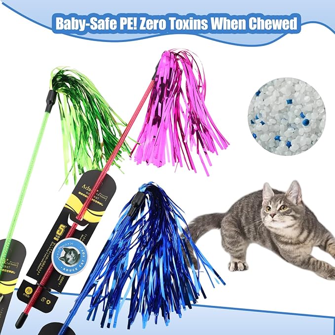 ADUCK Interactive Cat Teaser Wand Toy with Tassels - Durable Cat Chaser for Indoor Kitten Exercise, Boredom Relief & Training Play, Pack of 5 (Gold, Blue, Pink, Silver, Green)