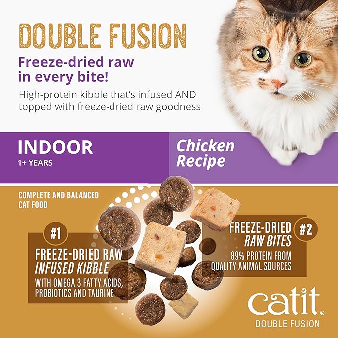 Catit Recipes Double Fusion Indoor Cat Food – Chicken Recipe, High-Protein, Freeze-Dried Raw Toppings, No by-Products, Minimally Processed, Balanced Nutrition for Indoor Cats, 4 lb