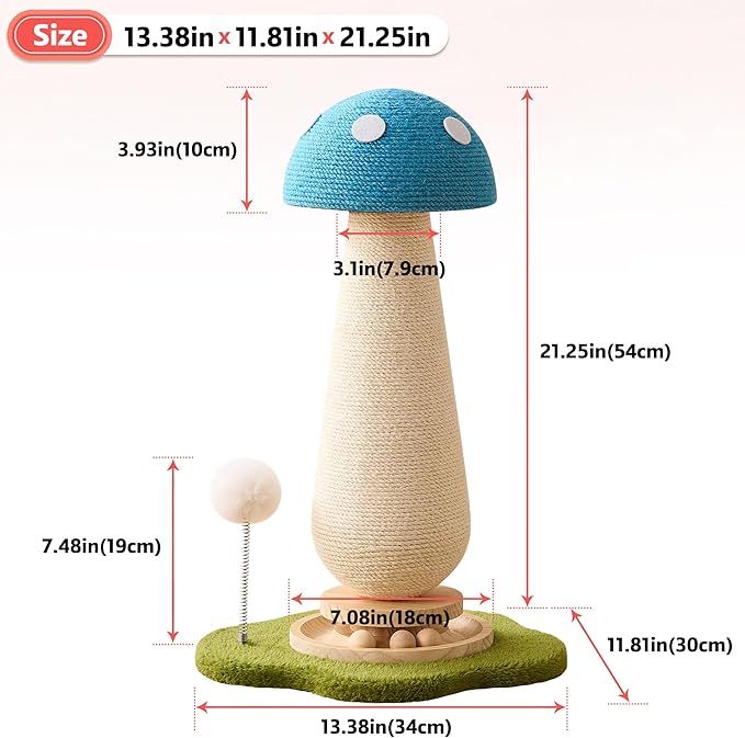 21.5โโ H Cat Scratching Post with Catnip,Cute Mushroom Cat Scratcher Post with Durable Natural Solid Wood Turntable Toy, Sky Blue Mushroom Shape Design Cat Toy Cat Sisal Scratcher for Indoor Cats