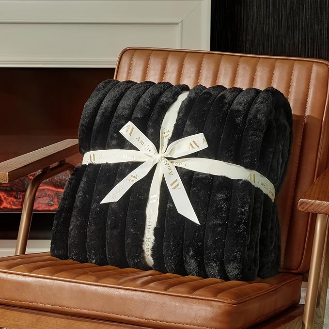 Amélie Home Faux Fur Throw Blanket for Couch, Cozy Fuzzy Fluffy Fur Luxurious Soft Striped Plush Gift Blankets for Family Sofa Chair Bedroom, 55"x70", Black