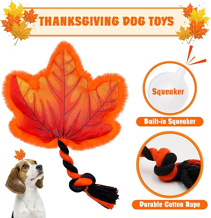 Thanksgiving Dog Toys, Maple Leaf Fall Dog Toys with Cotton Rope and Squeaker, Thanksgiving Dog Gifts for Small and Medium Dogs