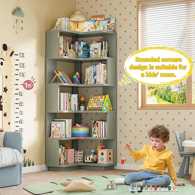 Armocity Corner Book Shelf - 6 Tier Corner Bookshelf Etagere Bookcase with Baffle, Freestanding L Shaped Display Shelf Stand for Home Office, Living Room, Bedroom, Kitchen, Crab Green