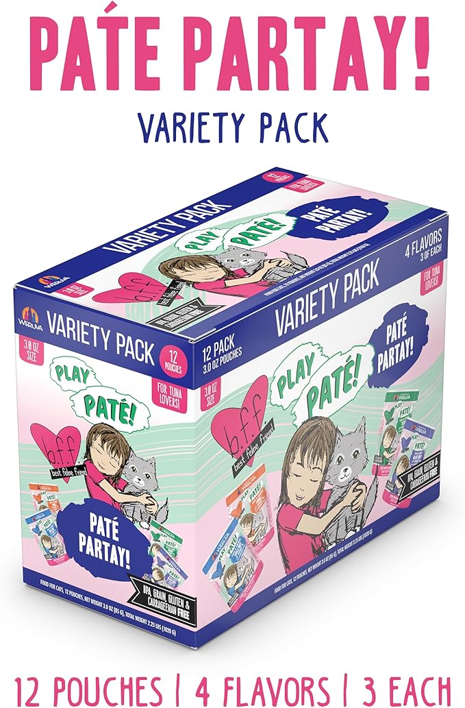 Weruva B.F.F. Play - Best Feline Friend Paté Lovers, Aw Yeah!, Paté Partay! Variety Pack, 3oz Pouch (Pack of 12)