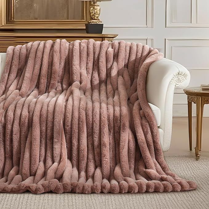 Amélie Home Faux Fur Throw Blanket for Couch, Ultra Cozy Fuzzy Fluffy Fur Luxurious Soft Striped Plush Gift Blankets for Family Sofa Chair Bedroom, 55"x70", Cationic Fox Brown