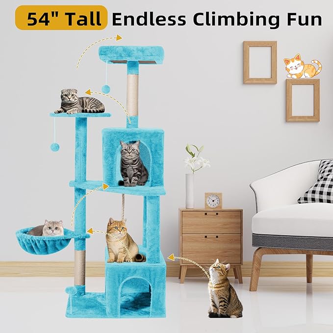 Cat Tree 54-Inch Cat Tower with Padded Plush Perch 2 Comfy Caves, Scratching Posts, Basket, 2 Pompoms, Multi-Level Plush Cat Condo for Indoor Cats Kittens, Blue