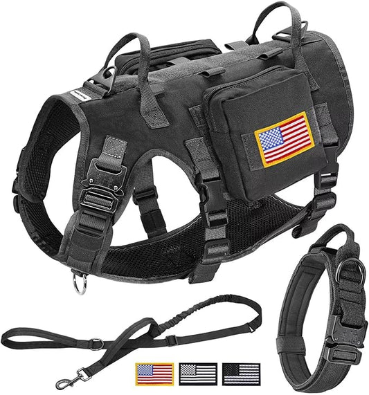 Forestpaw Tactical Dog Harness for Large Dogs,Tactical Dog Collar with Bungee Leash Set,No Pull Military Dog Harness for Walking Training,Adjustable for Medium Large Dogs,Black,Chest 21.5-45"