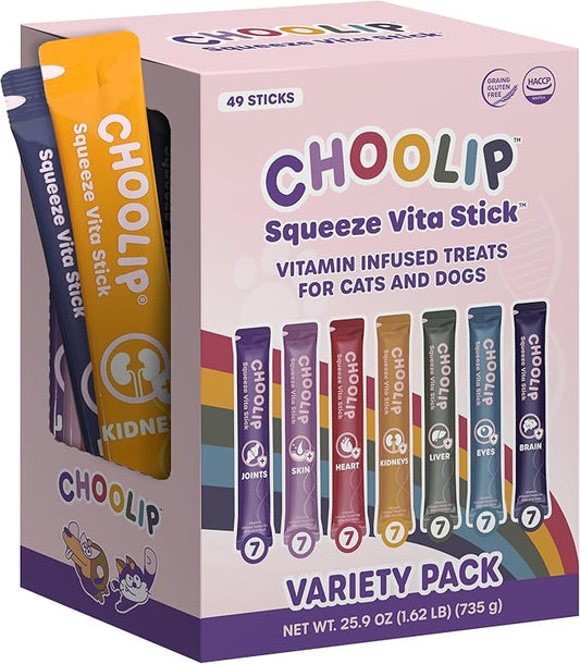 Choolip Squeeze Vita Stick Lickable Cat and Dog Treats – 49-Count Variety Pack with Multivitamins, Soft Squeezable Paste for All Life Stages, Supporting Overall Health