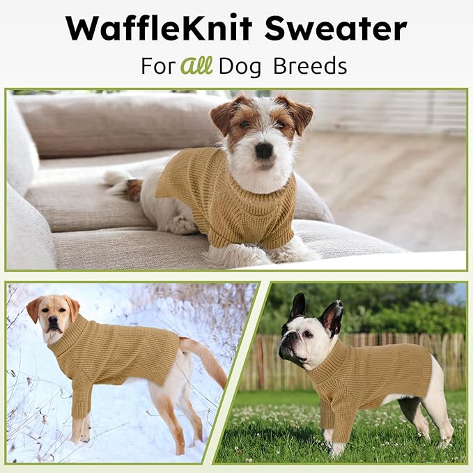 Queenmore Turtleneck Long Sleeve Knitted Sweater with Check Pattern, Warm Dog & Cat Sweater for Small to 3XL, Brown