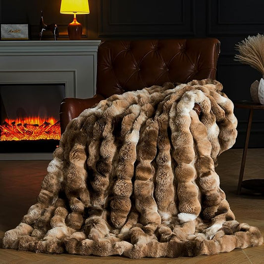 Faux Fur Throw Blanket for Couch, Fluffy Fuzzy Plush Bubble Blanket, Soft Warm Cozy Shaggy Rabbit Blanket, Luxury Decorative Gifts for Sofa Bedroom Living Room, 60x80inch (Tie-Dye-Brown)