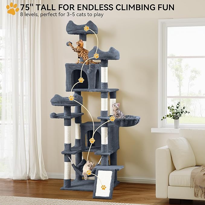 YITAHOME Tall Cat Tree for Indoor Cats, 75 inch Multi-Level Cat Tower with Cat Condos, Top Perches, Sisal Ramp Scratching Posts, Cozy Basket, Hammocks, Large Cat Pet Activity Structure, Dark Grey