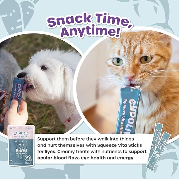 Choolip Squeeze Vita Stick Lickable Cat and Dog Treats – 7-Count Eye Support Sticks with Multivitamins, Soft Squeezable Paste for All Life Stages, Supporting Eye Health