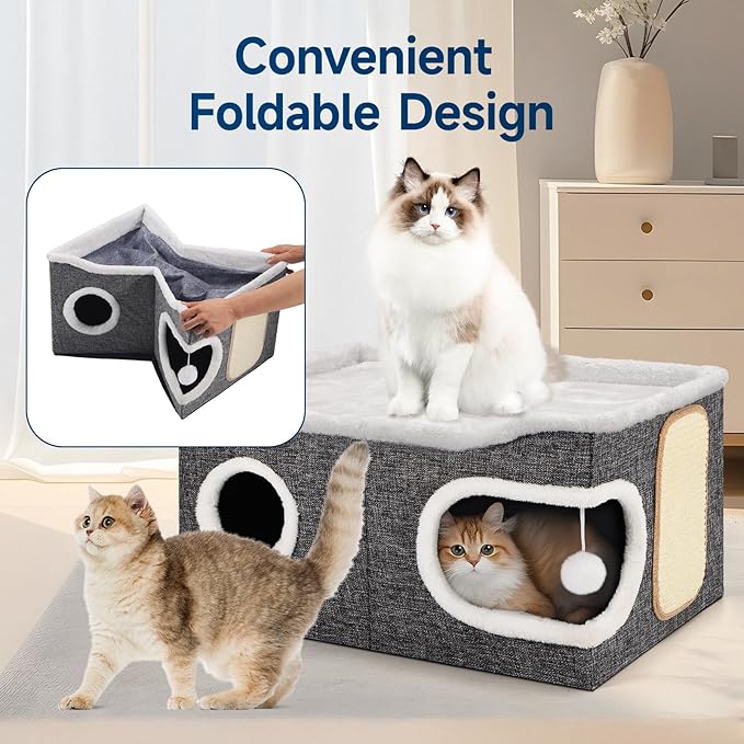 Shikha Cat Beds for Indoor Cats, Extra Wide Cat Cube House for Multi Cats, Foldable Cat Cave Hideaway with Arc-Edge Design & Oval Door, Reversible Cushion for All Seasons, 24"L x 17.7"D x 12.6"H, Grey