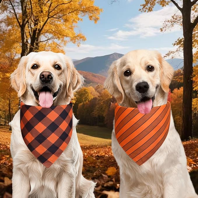 Fall Dog Bandanas Large 3PCS, 6 Pattern Thanksgiving Scarf for Boy and Girl, Plaid and Stripe Triangle Reversible Bibs Breed for Puppy Pets