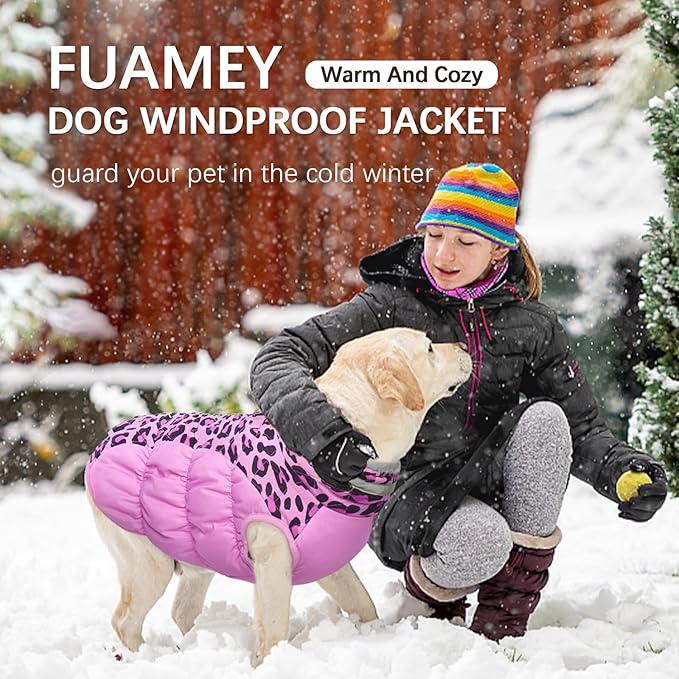 FUAMEY Dog Coat for Large Dogs,Waterproof Dog Winter Jacket with Harness Built in Puppy Cold Weather Coats Reflective Pet Vest with Zipper Warm Fleece Dogs Snowsuit Windproof Pink Leopard XL