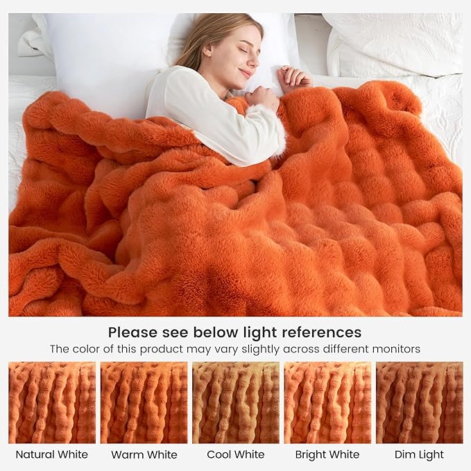 Cozy Bliss Faux Fur Throw Blanket for Couch, Bubble Plush Blanket Queen Size, Fuzzy Soft & Thick Blanket for Fall Bed Sofa Living Room, 90x90 Inches Halloween Burnt Orange