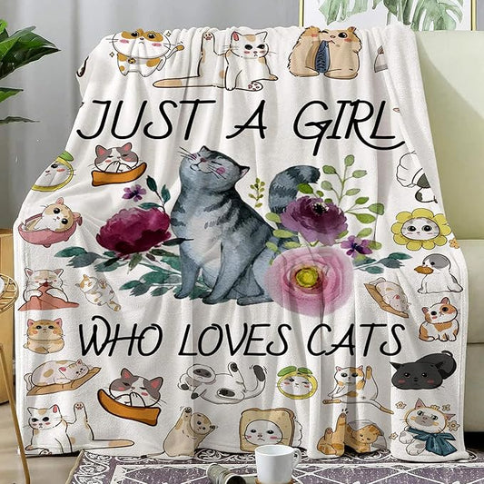 Cat Blanket Ultra Soft Flannel Throw Blanket Just a Girl Who Loves Cats Blankets Cats Gifts for Cat Lovers Cozy Lightweight Blankets for Women Kids Adults 60"X 50"