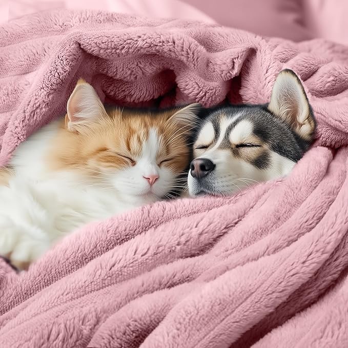 LINENLUX 1 Pack 3 Soft Fleece Dog Blanket for Pet Washable Warm Cat Puppy Fluffy Calming Flannel Pink Medium