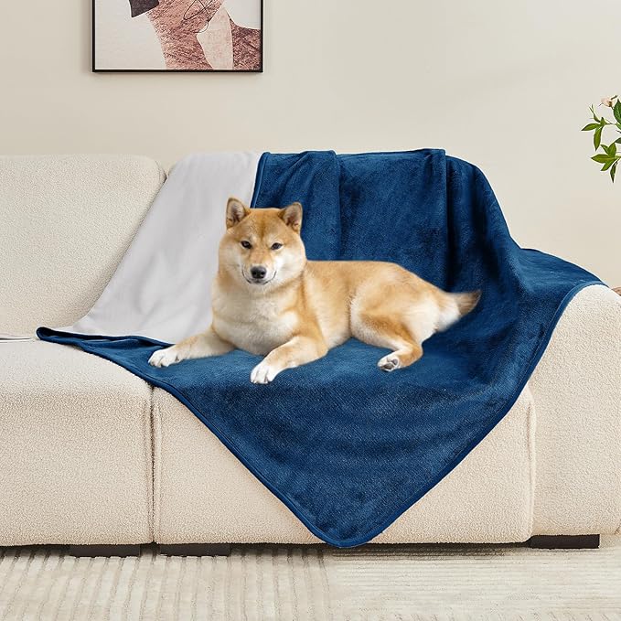 Waterproof Blanket 80"x90" for Adults, Reversible Waterproof Bed Cover for Dogs Cats Pets, Soft Leakproof Blanket for Bed Couch Sofa Furniture Protector, Navy Blue/Light Grey