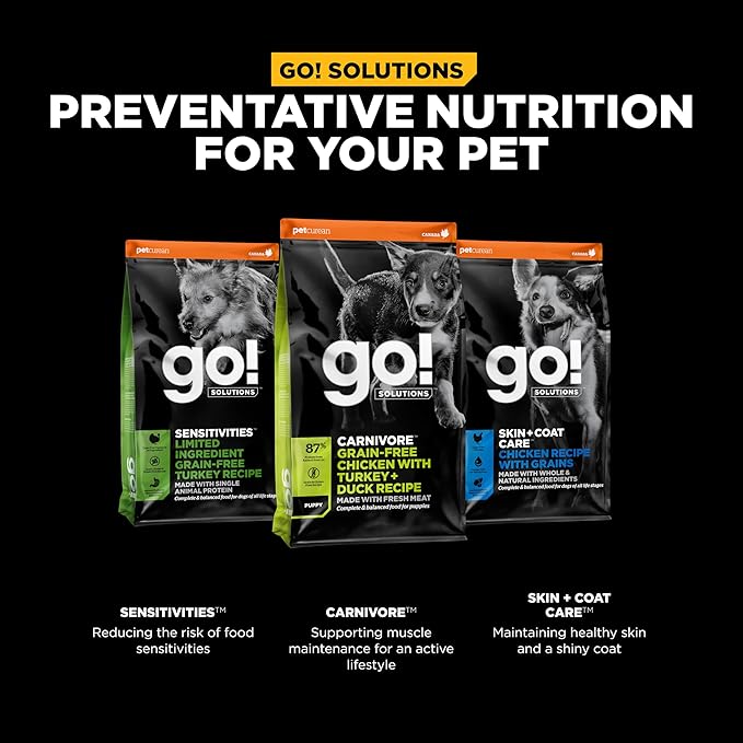 Go! Solutions Carnivore, Grain-Free, Protein Rich Dry Dog Food, Chicken, Turkey and Duck Puppy Recipe, Small Kibble, 3.5 lb Bag