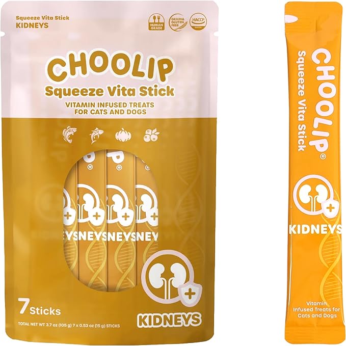 Choolip Squeeze Vita Stick Lickable Cat and Dog Treats – 7-Count Kidney Support Sticks with Multivitamins, Soft Squeezable Paste for All Life Stages, Supporting Kidney Health