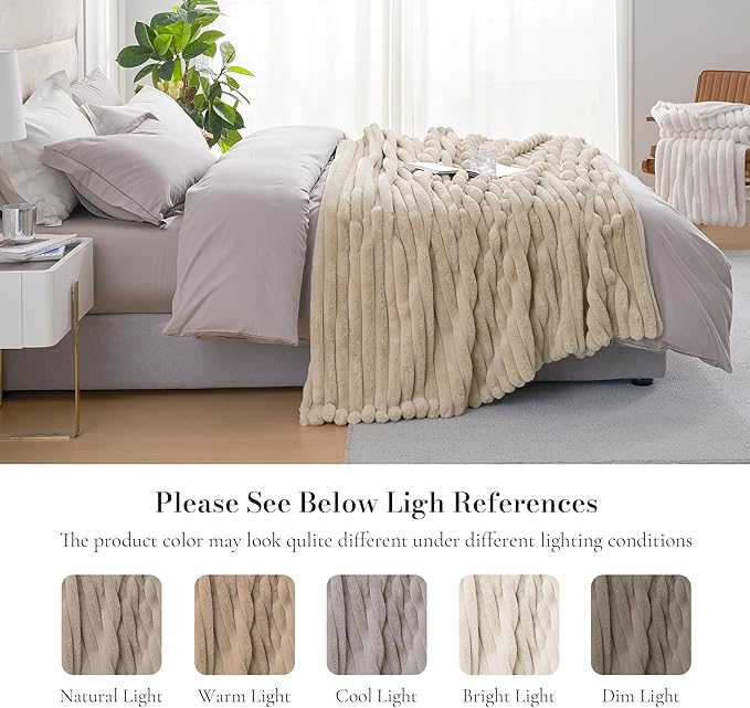 Amélie Home Faux Fur Throw Blanket for Couch, Cozy Fuzzy Fluffy Fur Luxurious Soft Striped Plush Gift Blankets for Family Sofa Chair, 60"x80", Beige