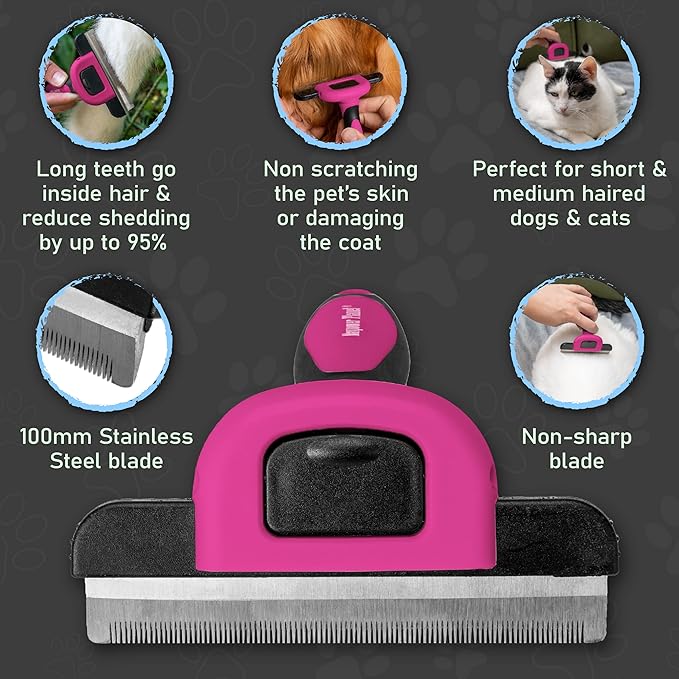 Maxpower Planet Pet Deshedding Brush - Grooming Tool for Dogs and Cats, Reduces Shedding by 95% - Comb for Short and Medium Hair - Pink