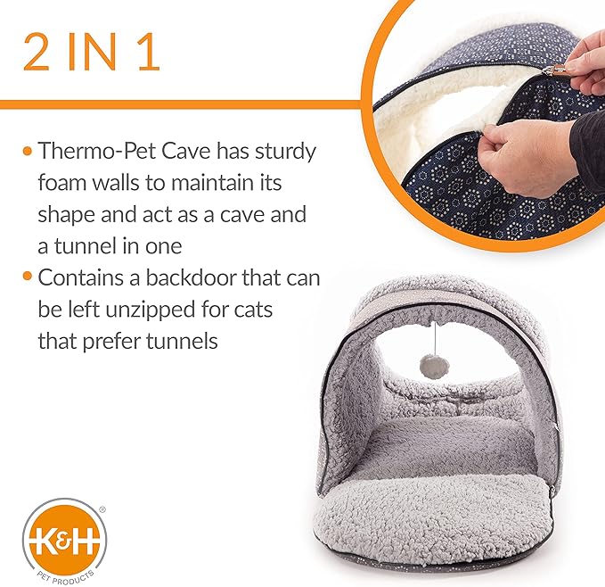 K&H Pet Products Thermo-Pet Cave Heated Cat Bed for Large Cats, Indoor Heated Pet Bed for Dogs & Cats, Covered Cave Pet Tent, Collapsible, Machine Washable, Safety Listed - 17 X 15 X 13in Gray