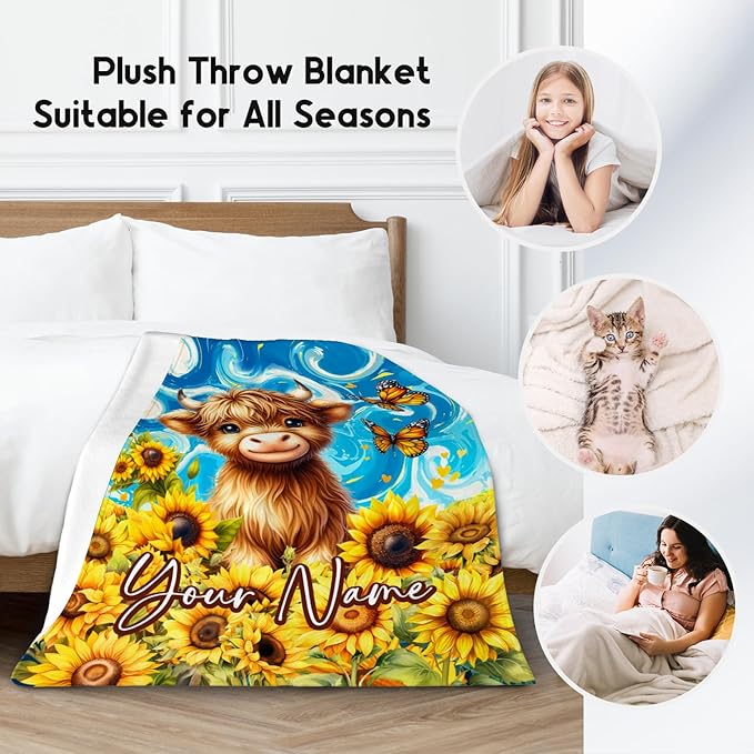 Kids Blanket - Custom Highland Cow Blankets for Toddler/Teens/Women - Flannel Soft Sunflower Throws for Room Decor - 4 Sizes