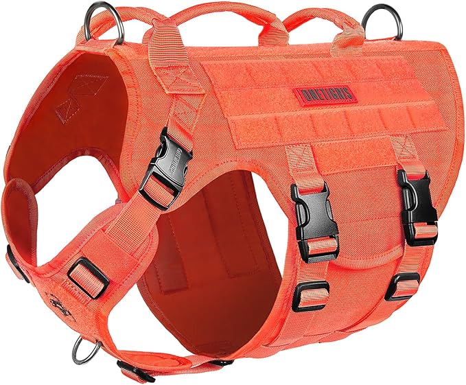 OneTigris Large Tactical Dog Harness, No Pulling Adjustable Dog Vest Harness, Heavy Duty Dog Harness with Handle, Large Hook and Loop Panels for Patch(Orange,L)