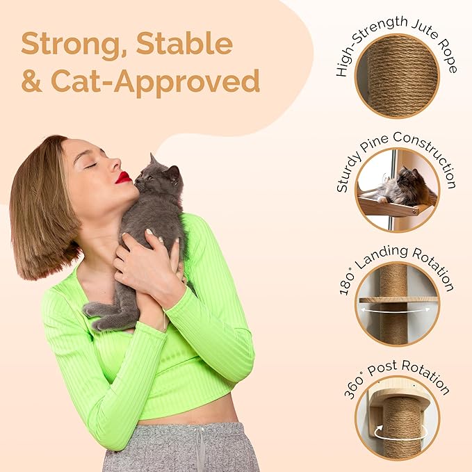 Window/Wall Mount Cat Wall Shelves by Pet Savvy – Cat Hammock (Oatmeal), Scratching Post with Landing, Two Steps – Natural Pine, Jute Rope, Sized for Cats up to 25lbs – 4 pc Set