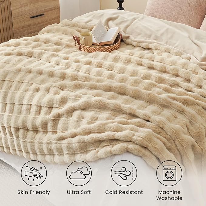 Cozy Bliss Fluffy Faux Fur Blanket King Size for Bed, Fuzzy Soft Striped Plush Blanket, Thick Throw for Bedroom Couch Gift, 108x90 Inches Beige