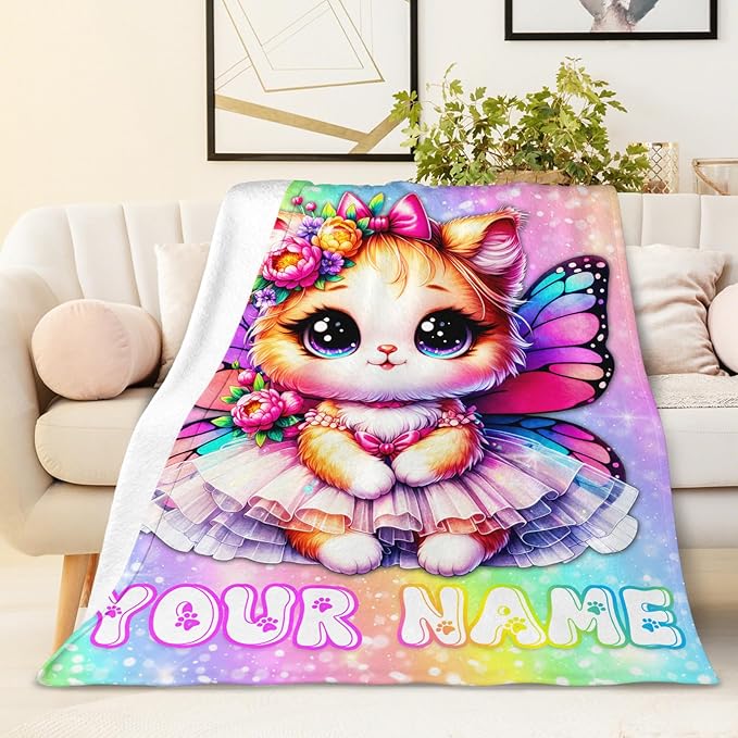 Girls Cat Blanket Personalized Throw for Toddler Kids Cat Lovers, 30x40 Inches Soft Cozy Custom Rainbow Print Throw Blankets for Sofa Couch Bed Travel Cute Birthday Gift
