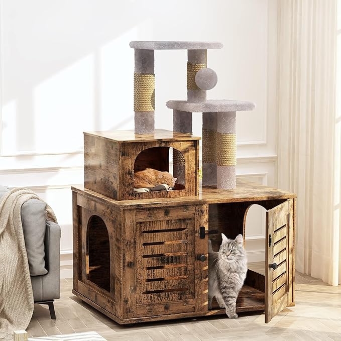 Cat Litter Box Enclosure with Cat Tree Tower 2-in-1 Hidden Pet Washroom Furniture with Scratching Post and Soft Plush Perch Platform Wooden Cat House Divided Condo for Indoor Large Cats Rustic Brown