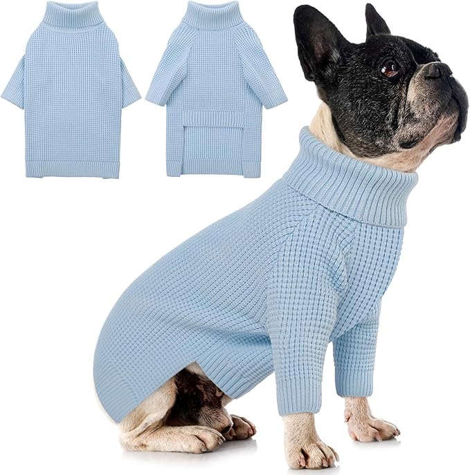 Queenmore Small Dog Sweater, Plaid Doggie Sweater, Long Sleeve Knitted Dog Sweater with Check Pattern, Warm Puppy Sweaters, Solid Pull-on Cat Sweaters, Blue S