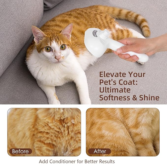 Cat Steam Brush for Shedding & Grooming - 3 in 1 Pet Brush with Waterless Shampoo, Spray Hair Removal Comb & Reusable Lint Roller for Dogs and Long Short Haired Cats, Release Button LKLZXUAN