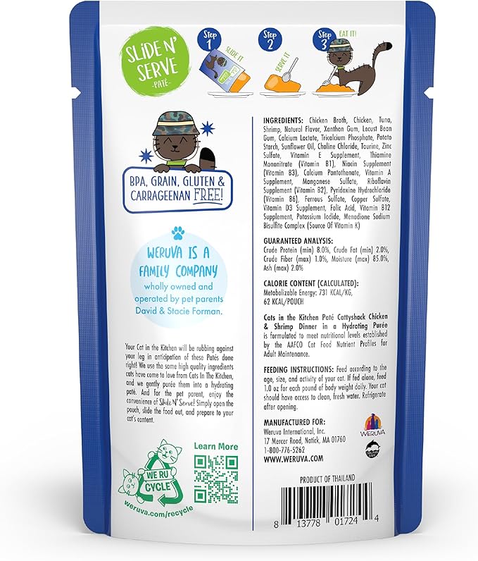 Weruva Cats in The Kitchen Slide N' Serve Grain-Free Natural Wet Pate Cat Food Pouches, Cattyshack, 3oz Pouch (Pack of 12)