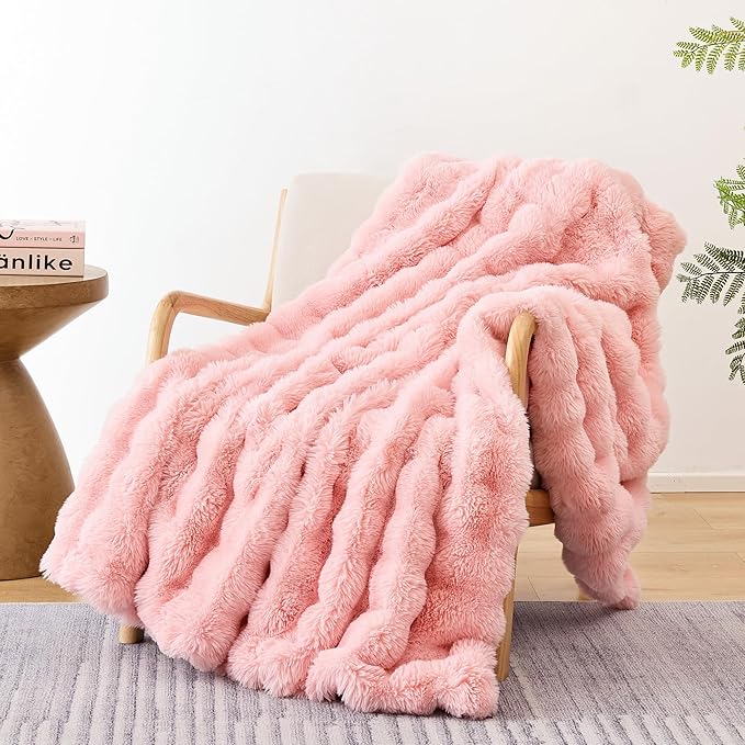 Smoofy Faux Fur Blanket Rabbit Fleece - Blush Pink Fluffy Blanket for Sofa, Cozy Soft Plush Throw Blanket for Couch Bed, Luxury Thick Fuzzy Couch Blanket for Winter, Comfy Bubble Blanket - 60" x 80"