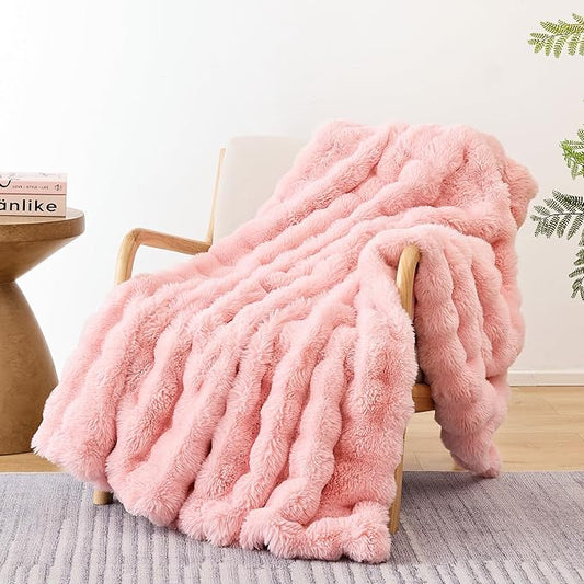 Smoofy Faux Fur Blanket Rabbit Fleece - Blush Pink Fluffy Blanket for Sofa, Cozy Soft Plush Throw Blanket for Couch Bed, Luxury Thick Fuzzy Couch Blanket for Winter, Comfy Bubble Blanket - 60" x 80"
