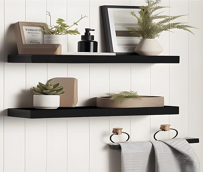 24 Inch Black Wood Floating Shelves for Wall Rustic Wall Shelf for Bedroom Living Room Set of 4