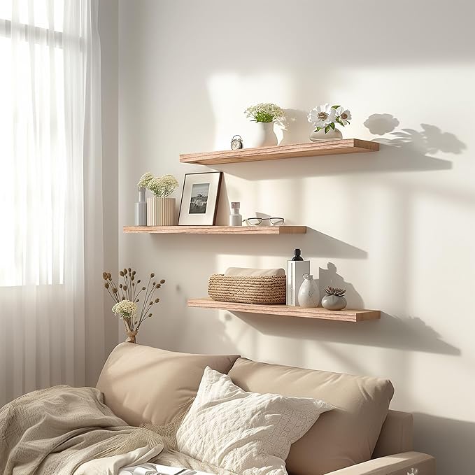 24 Inch Light Wood Floating Shelves for Wall Rustic Wall Shelf for Bedroom Living Room Set of 4