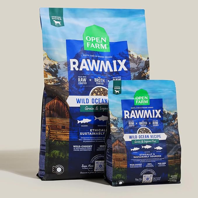 Open Farm, RawMix Grain-Free Dry Dog Food, Protein-Packed Kibble Coated in Bone Broth with Freeze Dried Raw Chunks, Salmon Whitefish & Rockfish, Wild Ocean Recipe, 20lb Bag