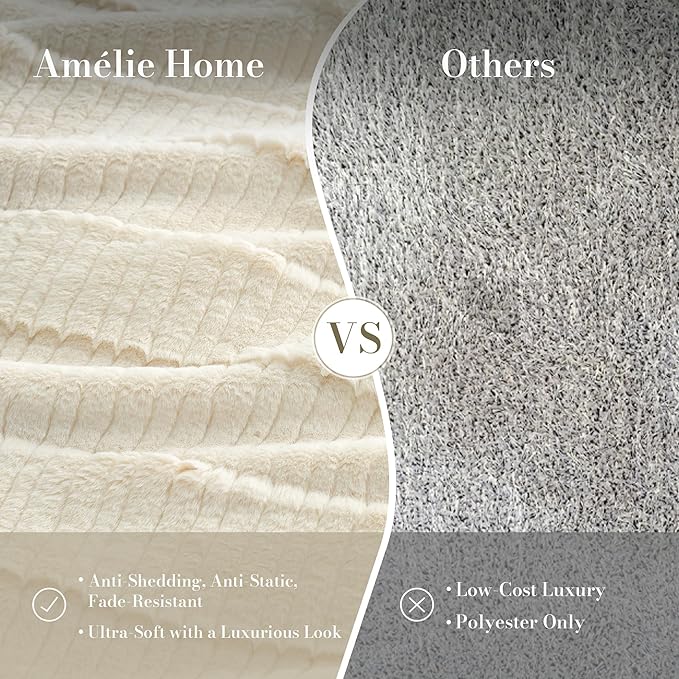 Amélie Home Luxury Striped Faux Fur Throw Blanket for Couch, Soft Cozy Fuzzy Fluffy Soft Plush Blankets Sofa Chair Gift Blankets for Women, 55"x70", Ivory